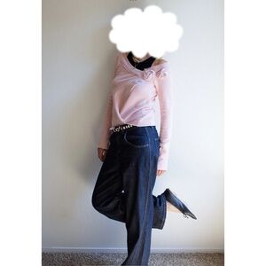 Y2K Miss Sixty Light Pink Boat Neck Overlay Crossover Sweatshirt 3D Flowers XS S